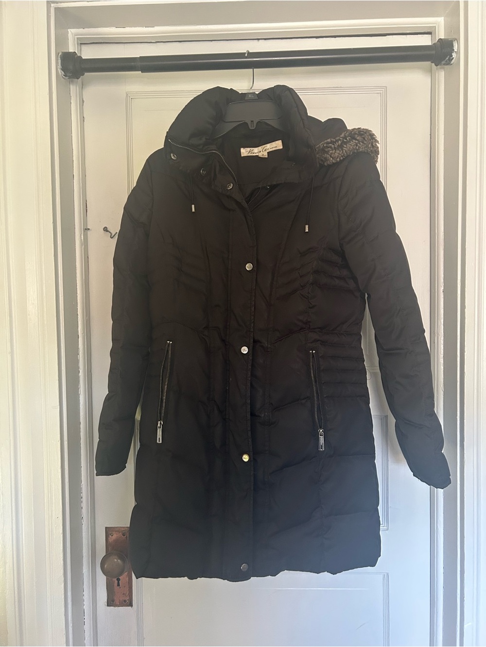 Kenneth Cole New York Black Quilted Hooded Puffer Coat with Faux-Fur Trim